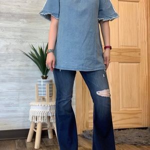 Off the shoulder denim top.
